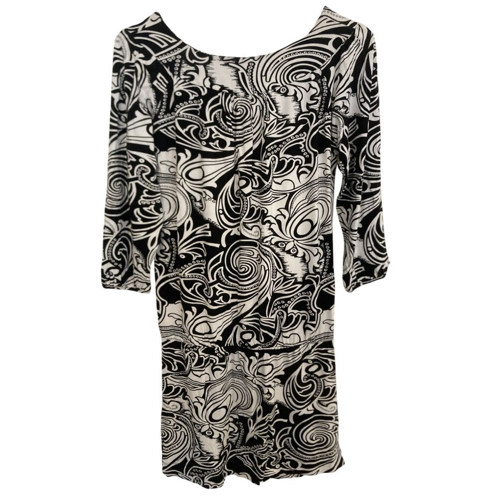 BCBGMAXAZRIA Black & White Abstract Print Dress XS 3/4 Sleeve Stretch Knit Scoop - Picture 2 of 6